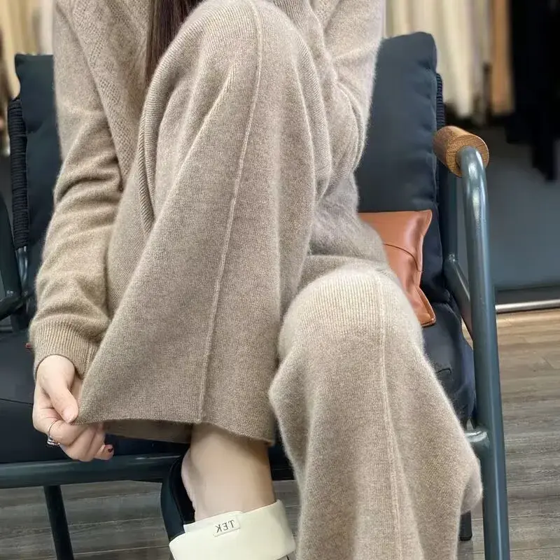 Autumn Winter New Style Women's Wool Knitted Wide Leg Pants High Waist Loose Casual Floor Length Trousers Slimming Effect