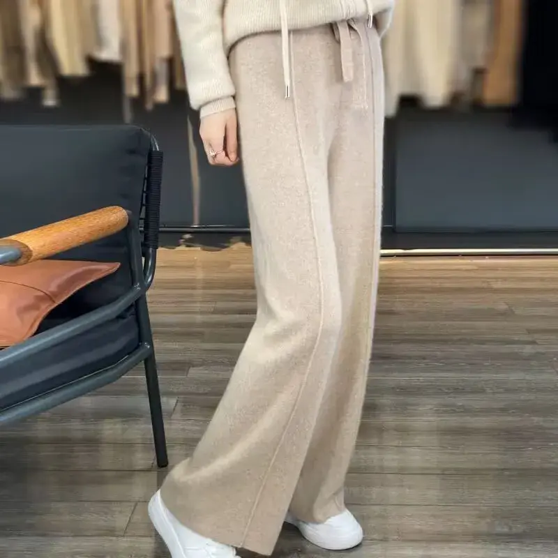 Autumn Winter New Style Women's Wool Knitted Wide Leg Pants High Waist Loose Casual Floor Length Trousers Slimming Effect