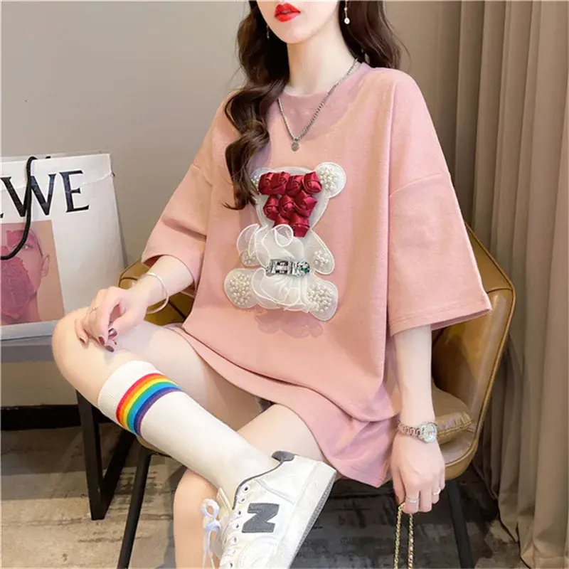 Rose Bear Heavy Duty Embroidered Mesh Splicing Short Sleeves T-Shirt Women's 2025 New Style Street Explosion European Style