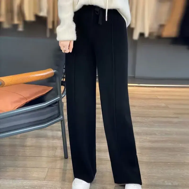 Autumn Winter New Style Women's Wool Knitted Wide Leg Pants High Waist Loose Casual Floor Length Trousers Slimming Effect