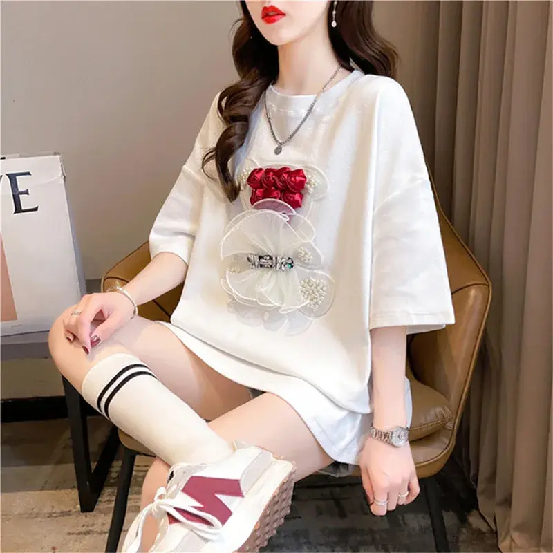 Rose Bear Heavy Duty Embroidered Mesh Splicing Short Sleeves T-Shirt Women's 2025 New Style Street Explosion European Style