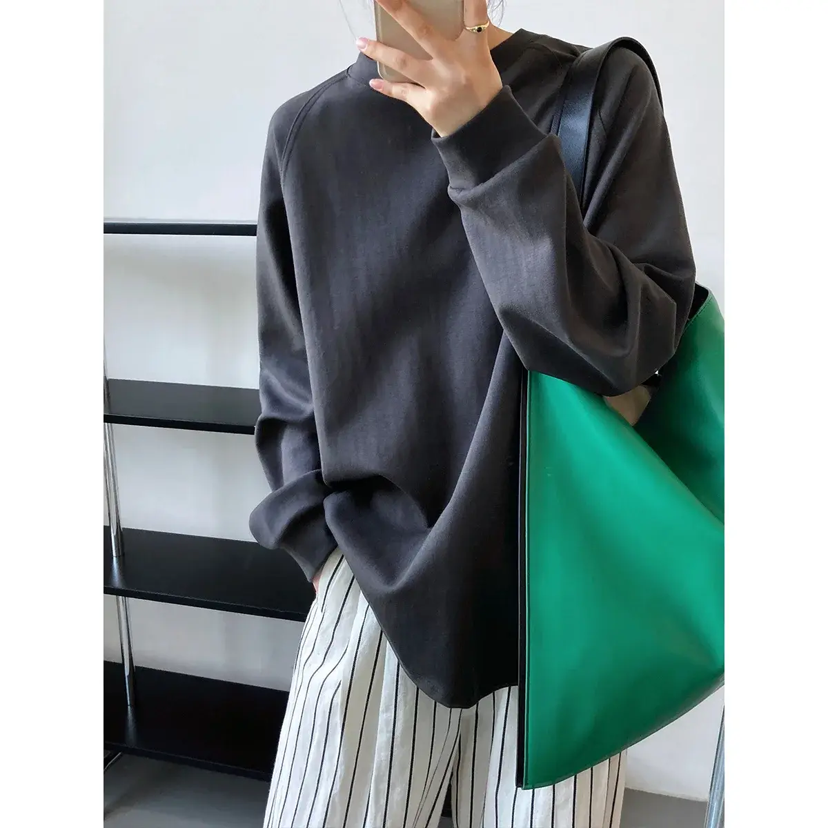 Deer West Solid Color Round Neck Long Sleeve T-Shirt Women's Spring New Lazy Loose Fit Women's Sweatshirt Thin 2779
