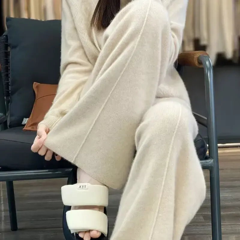Autumn Winter New Style Women's Wool Knitted Wide Leg Pants High Waist Loose Casual Floor Length Trousers Slimming Effect
