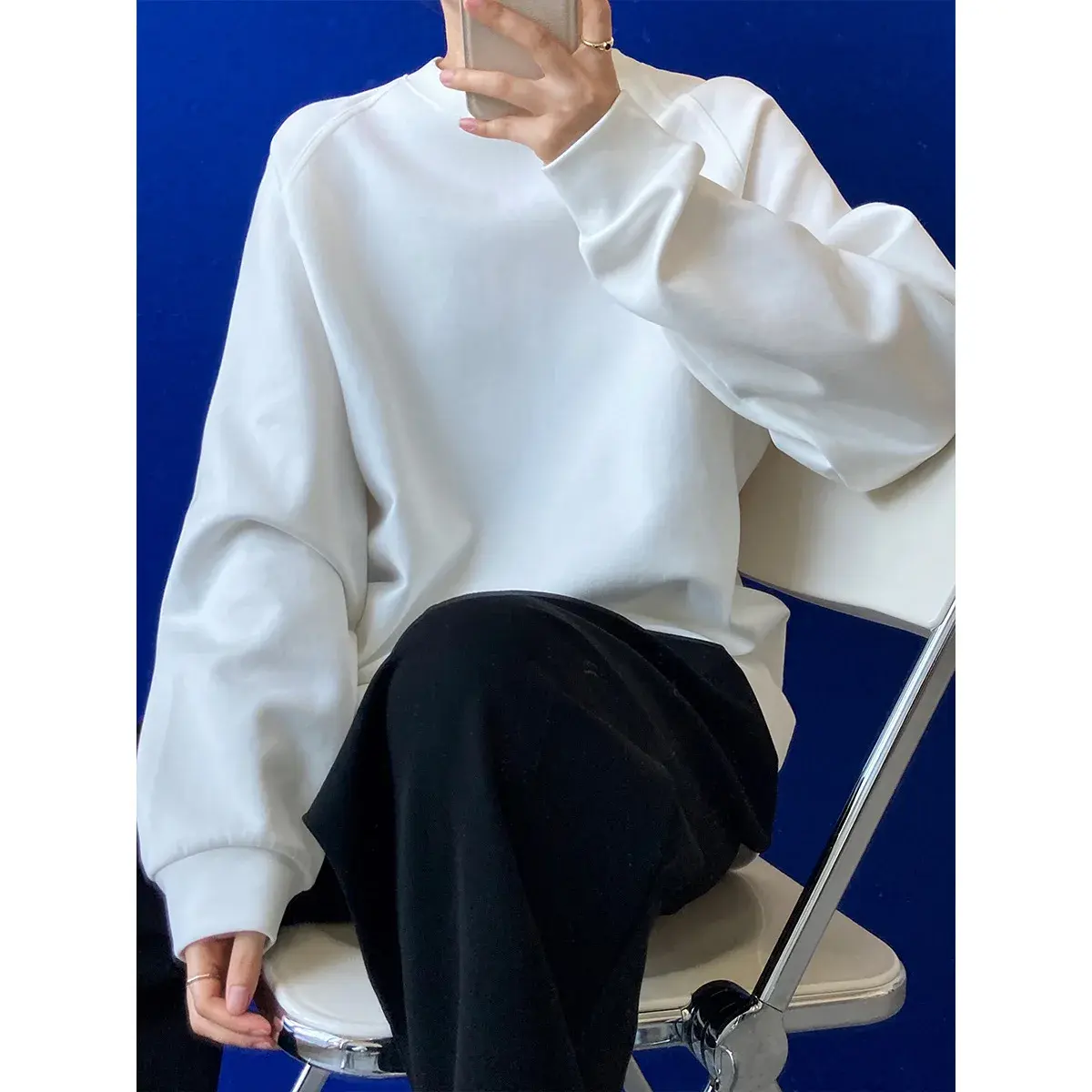 Deer West Solid Color Round Neck Long Sleeve T-Shirt Women's Spring New Lazy Loose Fit Women's Sweatshirt Thin 2779