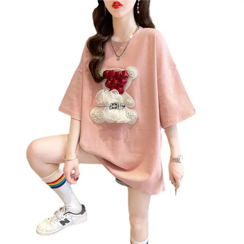 Rose Bear Heavy Duty Embroidered Mesh Splicing Short Sleeves T-Shirt Women's 2025 New Style Street Explosion European Style