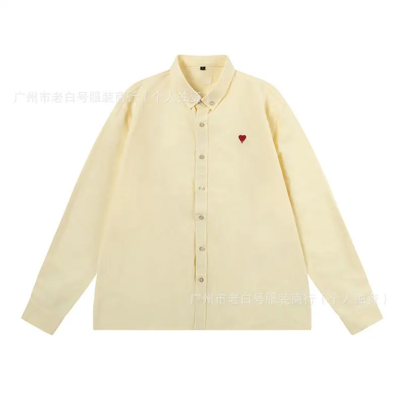 Loose Fit Embroidered Collar Shirt 2025 Trendy Brand AM1 Heart Label Unisex Couples Shirt Men's Women's Cotton Button down