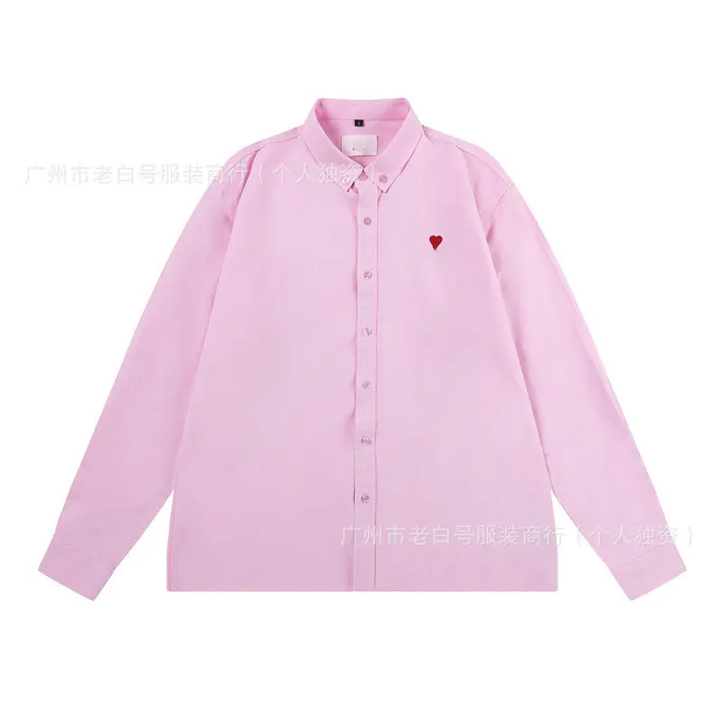 Loose Fit Embroidered Collar Shirt 2025 Trendy Brand AM1 Heart Label Unisex Couples Shirt Men's Women's Cotton Button down