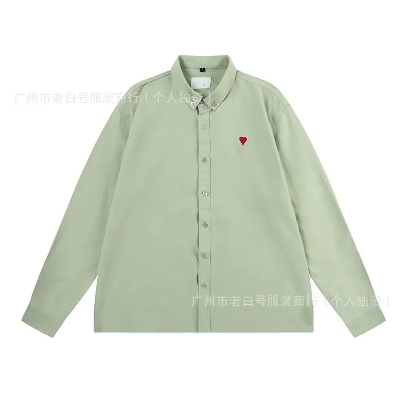 Loose Fit Embroidered Collar Shirt 2025 Trendy Brand AM1 Heart Label Unisex Couples Shirt Men's Women's Cotton Button down
