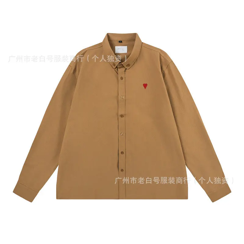 Loose Fit Embroidered Collar Shirt 2025 Trendy Brand AM1 Heart Label Unisex Couples Shirt Men's Women's Cotton Button down