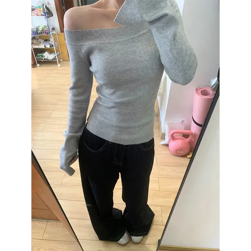 Elegant Versatile French Style Knit Base Layer Top Women's Slimming Long Sleeve Sweater Off The Shoulder For Autumn/Winter