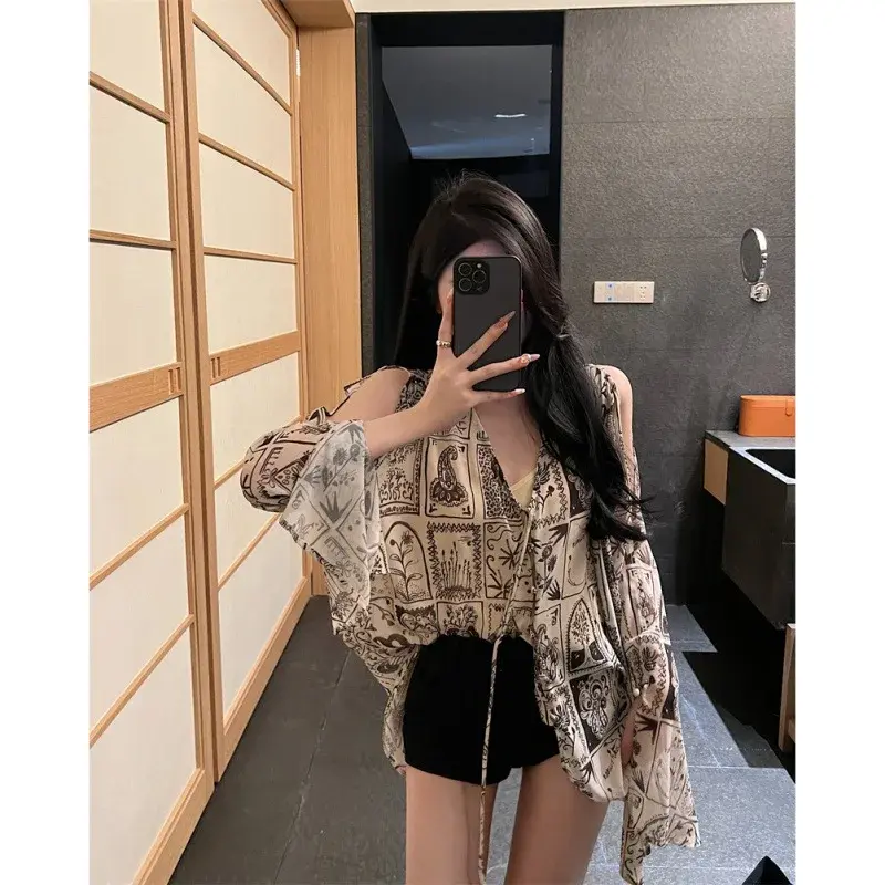 French Collar Black Chiffon Women's Shirt Long Sleeve Hollow out Neck Design Sensation Shoulder Exposure Top Autumn Fashion