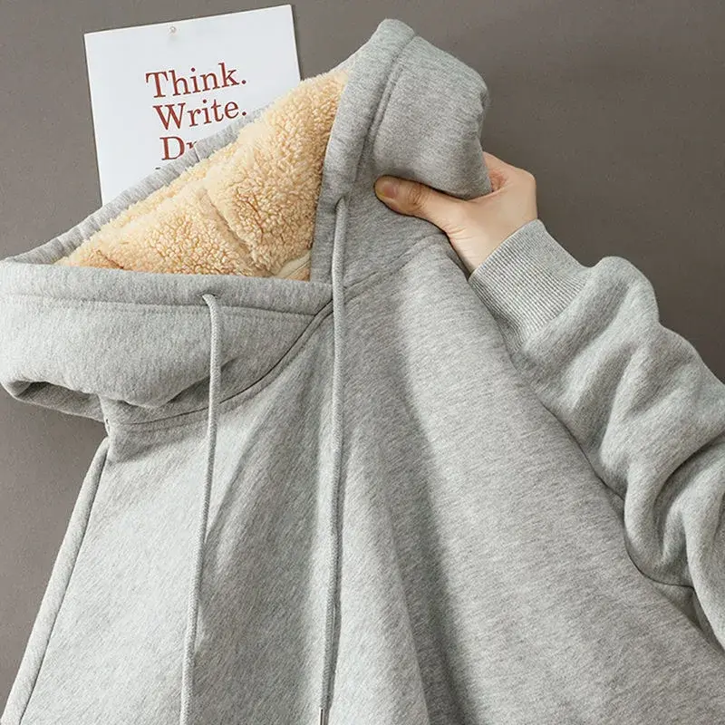 Lamb Velvet Hooded Sweatshirt Fleece Lined Casual Style Men's Solid Color Warmth Clothing Autumn Winter Crew Neck Hat Included