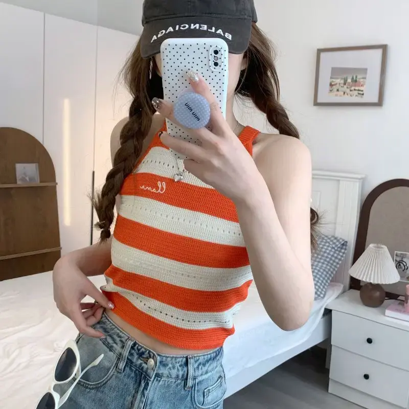 American Style Color Blocking Striped Tank Top Slim Fit Women's Summer Design Sensibility Unique Outer Wear Polyester Knitted Fa