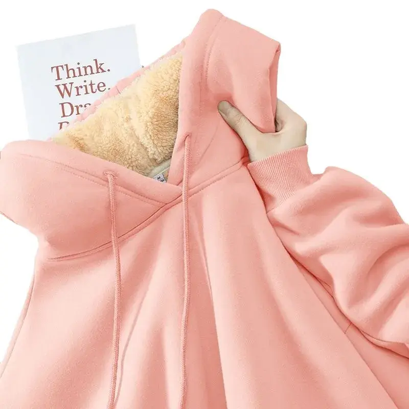 Lamb Velvet Hooded Sweatshirt Fleece Lined Casual Style Men's Solid Color Warmth Clothing Autumn Winter Crew Neck Hat Included