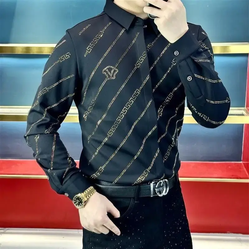 Men's Fashionable Long Sleeve Striped Casual Shirt New Spring European Style High End Shirt Rhinestone Trendy Business