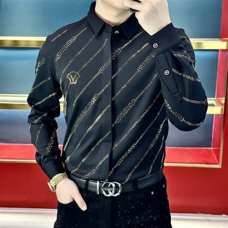 Men's Fashionable Long Sleeve Striped Casual Shirt New Spring European Style High End Shirt Rhinestone Trendy Business