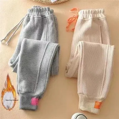Thickened Fleece Women's Sports Harlan Pants Elastic Waist Long Trousers Korean Style Trendy Cuffed Long Trousers