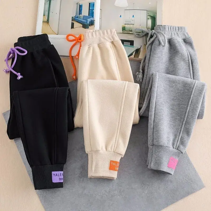 Thickened Fleece Women's Sports Harlan Pants Elastic Waist Long Trousers Korean Style Trendy Cuffed Long Trousers