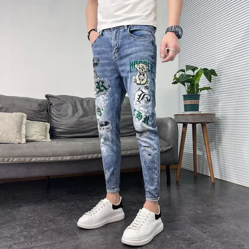 Spring Summer Elastic Slim Fit Jeans For Men Korean Trendy Versatile European Brand Small Bear Printing Trousers