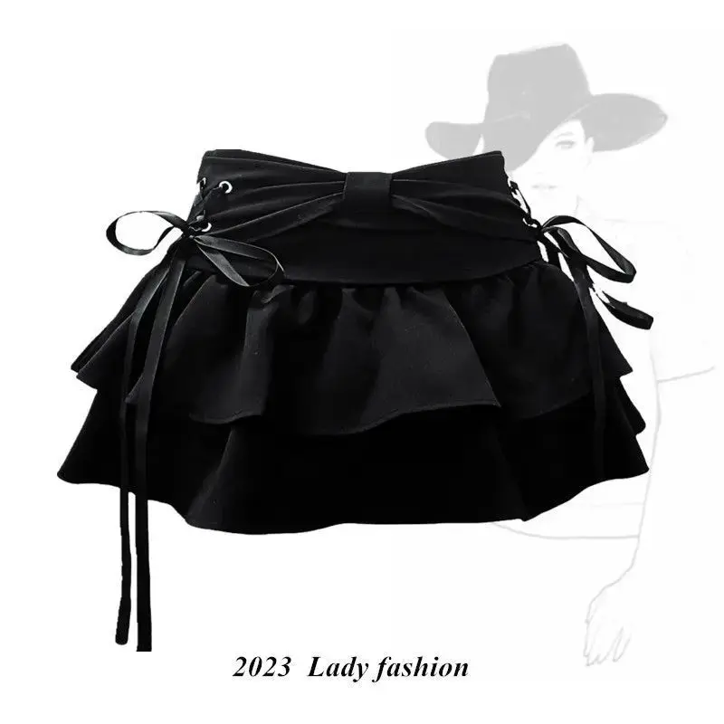 Slimming Butterfly Knot Tie-Belted Pleated Short Skirt Spicy Girl Design Spring Autumn New Style Summer Half Body Skirt Pants