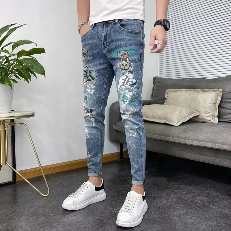 Spring Summer Elastic Slim Fit Jeans For Men Korean Trendy Versatile European Brand Small Bear Printing Trousers