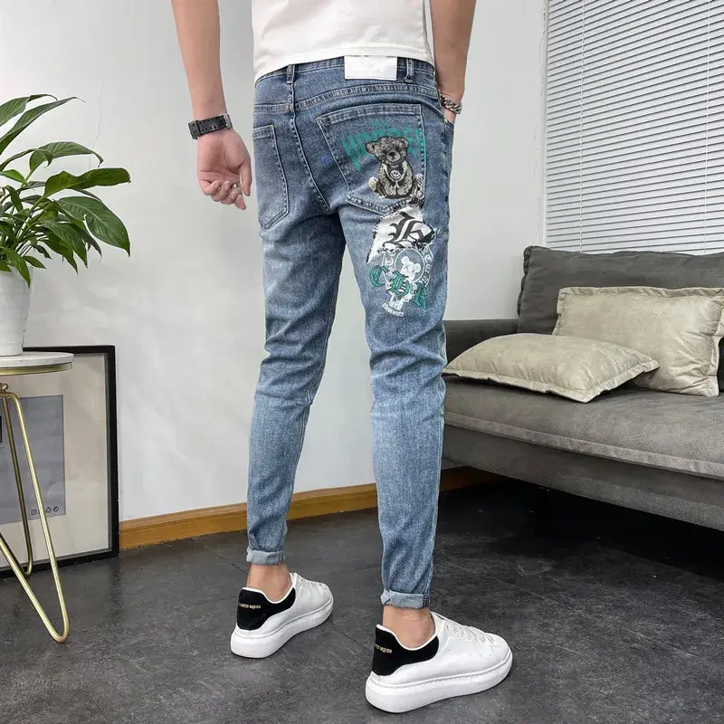 Spring Summer Elastic Slim Fit Jeans For Men Korean Trendy Versatile European Brand Small Bear Printing Trousers