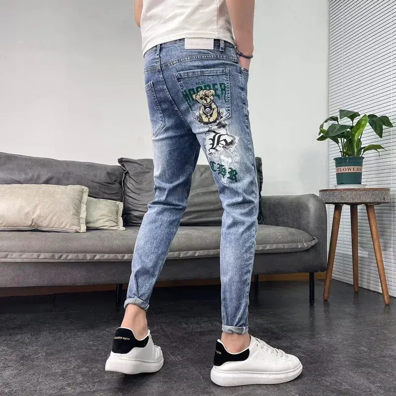 Spring Summer Elastic Slim Fit Jeans For Men Korean Trendy Versatile European Brand Small Bear Printing Trousers