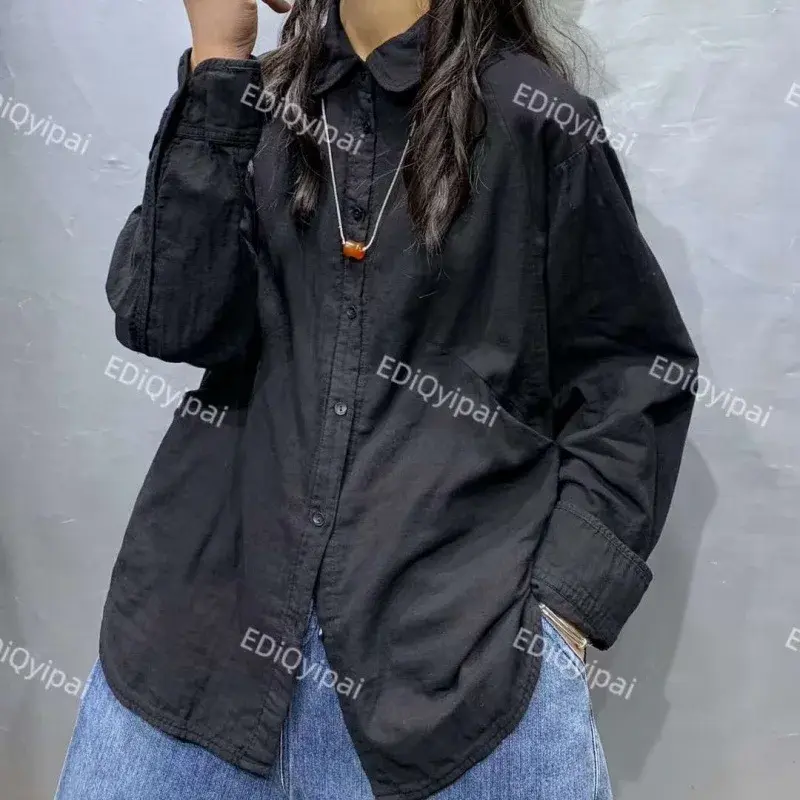 Ed3547 Cotton Linen Solid Color Loose Fit Versatile Long Sleeve Shirt Women's 2024 New Artistic Casual Elegant Base Shirt
