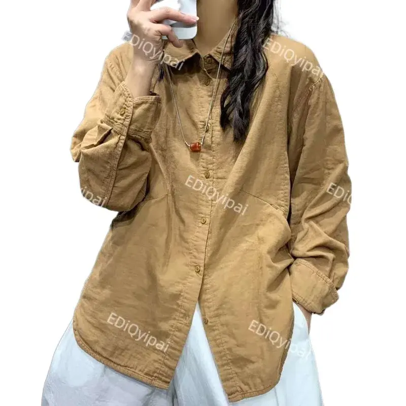 Ed3547 Cotton Linen Solid Color Loose Fit Versatile Long Sleeve Shirt Women's 2024 New Artistic Casual Elegant Base Shirt