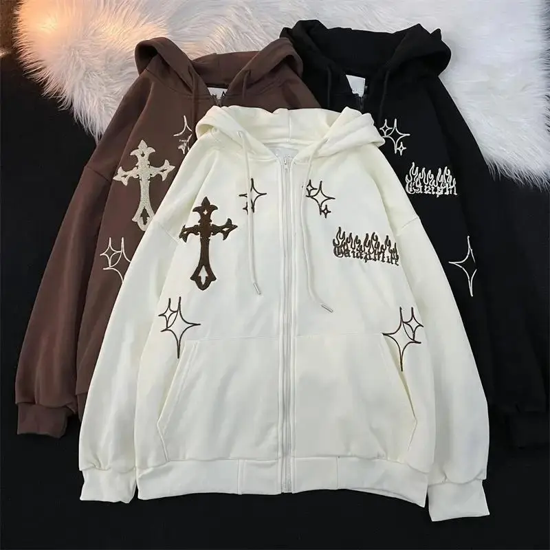 Retro Loose Fit Cross Stitched American Hip Hop Men's Fire Flame Open Cardigan Sweater Thin Summer Hat Jacket for Couples