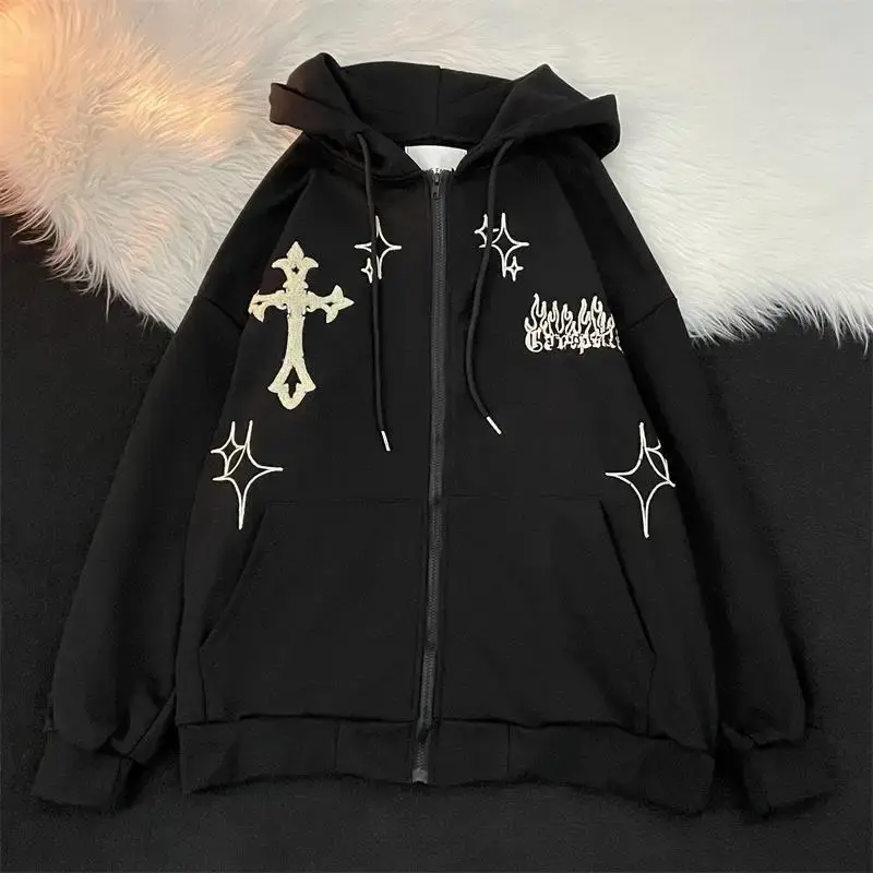 Retro Loose Fit Cross Stitched American Hip Hop Men's Fire Flame Open Cardigan Sweater Thin Summer Hat Jacket for Couples