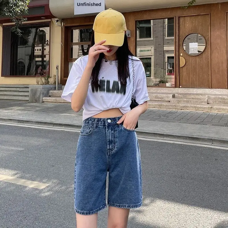 High-Waisted A- Line Casual Denim Shorts Women's Summer Thin Mid-Length Plus Size Loose-Fit Straight-Leg Wide-Leg Five-Minute Sh