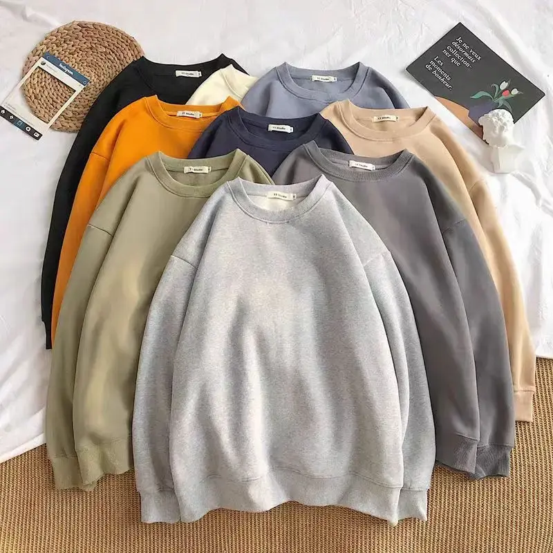 Fleece-Lined Casual Sweatshirt 190g Large Size Loose-Fit Round Neck For Women Korean Style Solid Color Plus Size Couple Sweatshi