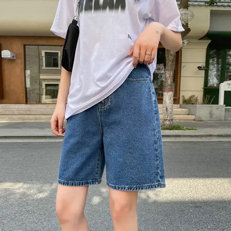 High-Waisted A- Line Casual Denim Shorts Women's Summer Thin Mid-Length Plus Size Loose-Fit Straight-Leg Wide-Leg Five-Minute Sh