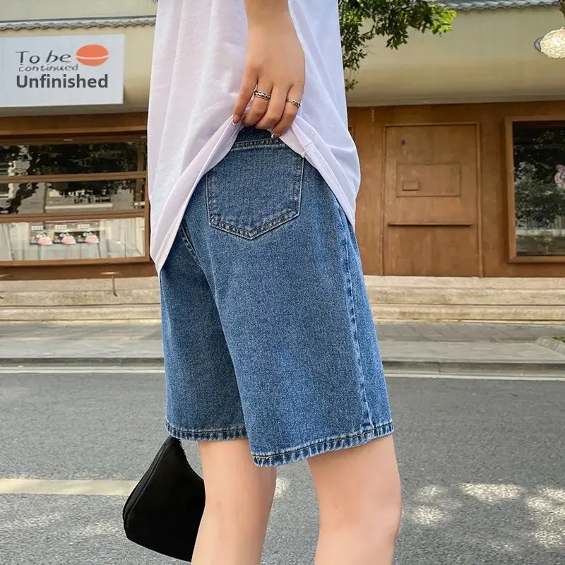 High-Waisted A- Line Casual Denim Shorts Women's Summer Thin Mid-Length Plus Size Loose-Fit Straight-Leg Wide-Leg Five-Minute Sh