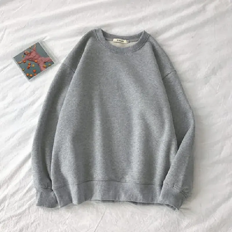 Fleece-Lined Casual Sweatshirt 190g Large Size Loose-Fit Round Neck For Women Korean Style Solid Color Plus Size Couple Sweatshi