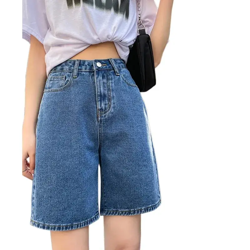 High-Waisted A- Line Casual Denim Shorts Women's Summer Thin Mid-Length Plus Size Loose-Fit Straight-Leg Wide-Leg Five-Minute Sh