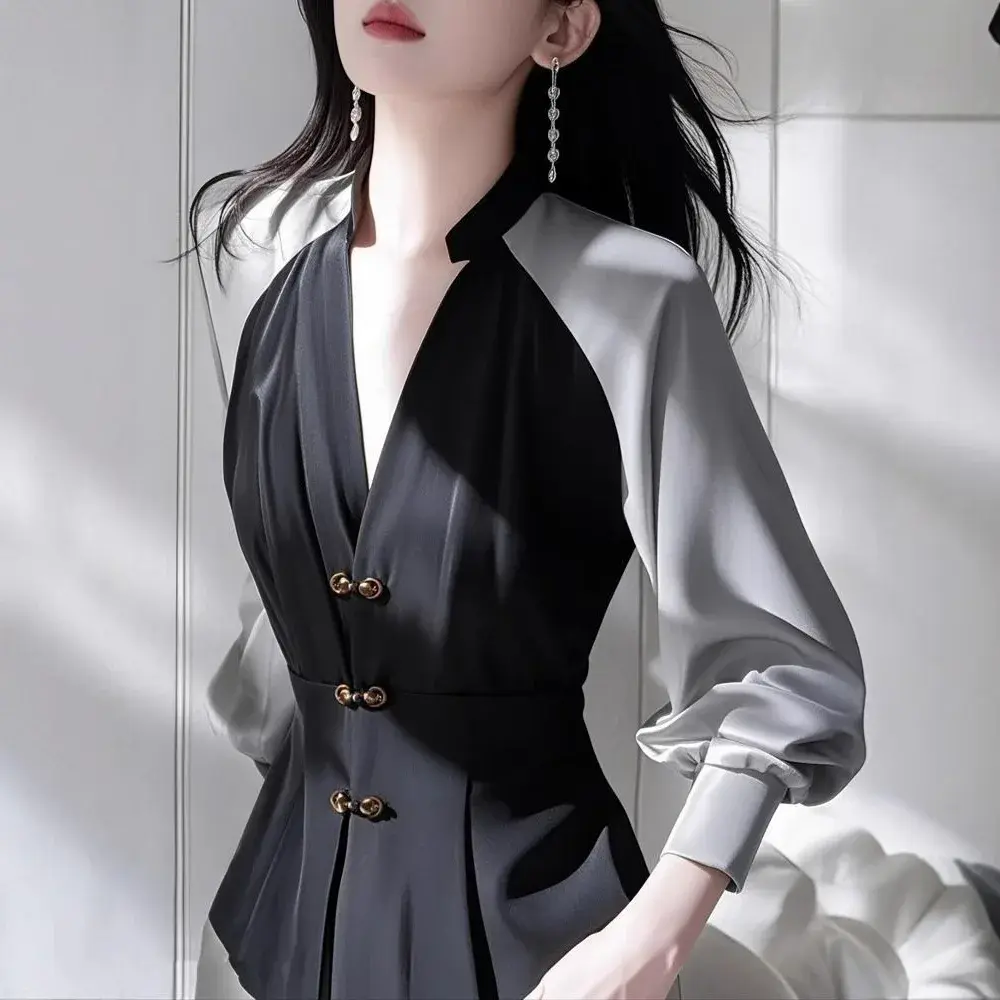 Elegant Chinese Style Shirt Collar Design Full Sleeve V Neck Color Block Waist Cinched Button Detail Fashionable Spring Shirt