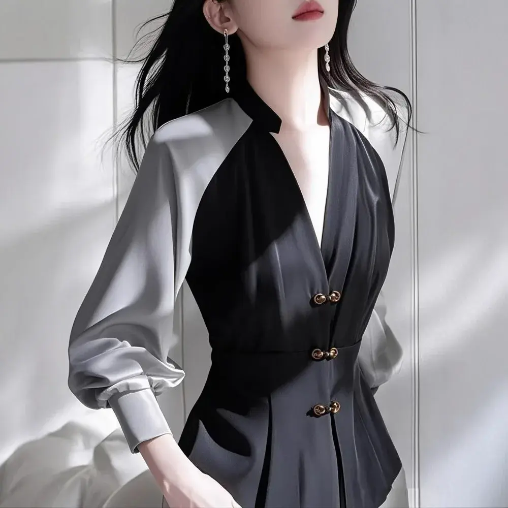 Elegant Chinese Style Shirt Collar Design Full Sleeve V Neck Color Block Waist Cinched Button Detail Fashionable Spring Shirt