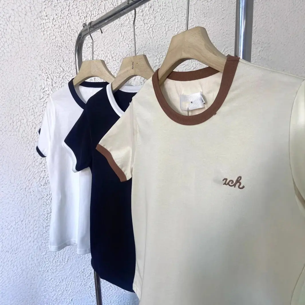 Slim Fit Short Sleeve Crew Neck T-Shirt Women's Fashion Casual Top Color Block Shoulder Line Simple Versatile Summer New Arrival