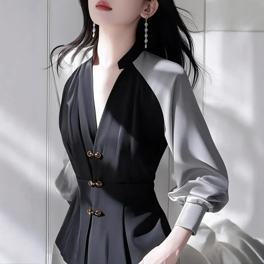 Elegant Chinese Style Shirt Collar Design Full Sleeve V Neck Color Block Waist Cinched Button Detail Fashionable Spring Shirt