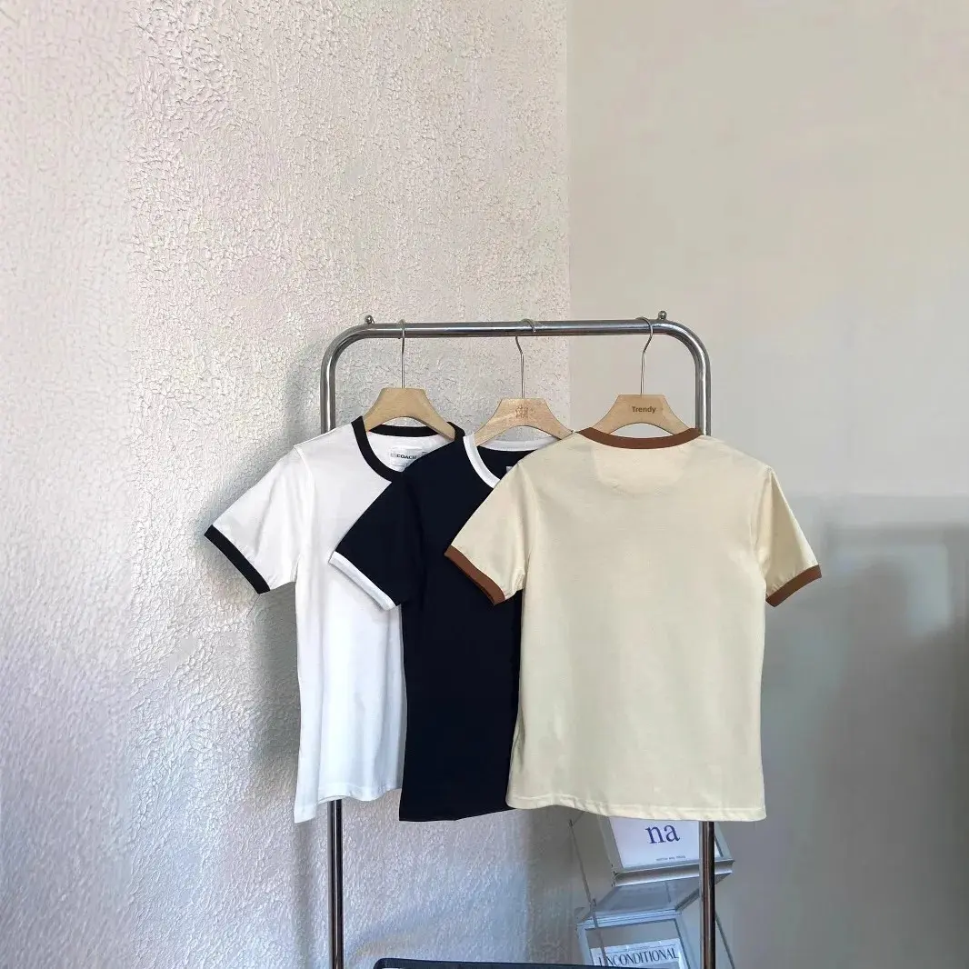Slim Fit Short Sleeve Crew Neck T-Shirt Women's Fashion Casual Top Color Block Shoulder Line Simple Versatile Summer New Arrival