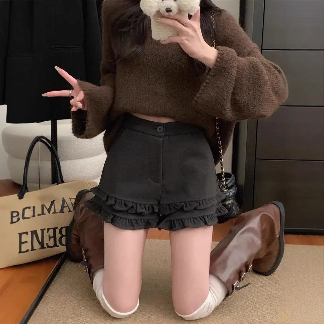 Factory Direct High-Waisted Slimming Woolen Shorts Winter Spicy Girl Casual Pants Women's Korean Style Wood Ear Edge Splicing