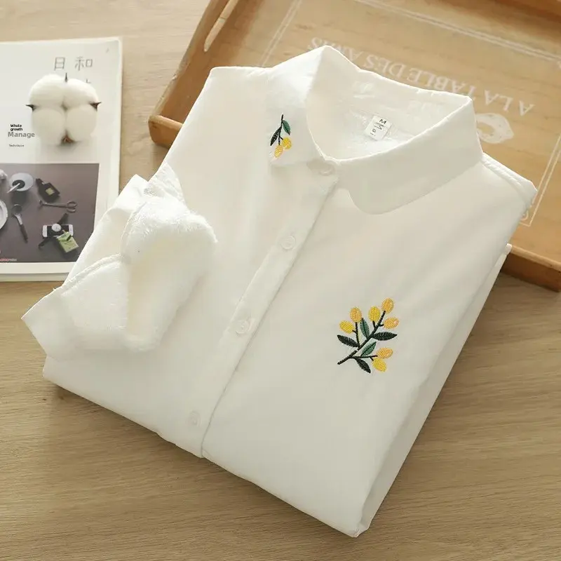 Autumn/Winter New Fleece-Lined Shirt Thickened White Women's Loose-Fit Versatile Artistic Embroidery Flower Inner Lining Warm Co