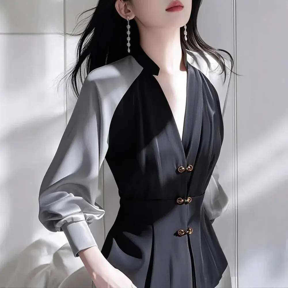 Elegant Chinese Style Shirt Collar Design Full Sleeve V Neck Color Block Waist Cinched Button Detail Fashionable Spring Shirt