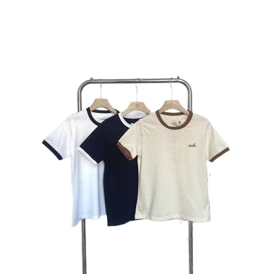 Slim Fit Short Sleeve Crew Neck T-Shirt Women's Fashion Casual Top Color Block Shoulder Line Simple Versatile Summer New Arrival
