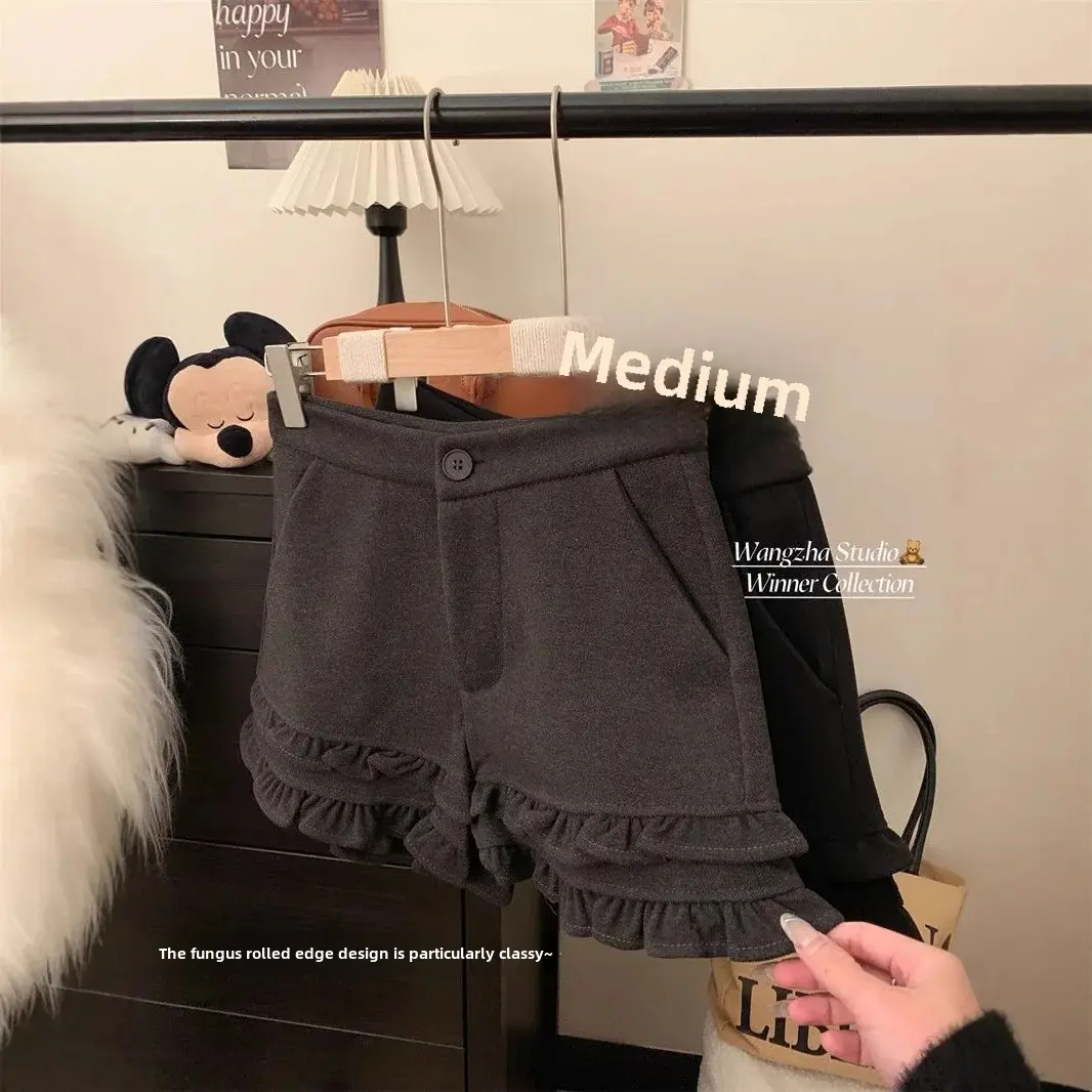 Factory Direct High-Waisted Slimming Woolen Shorts Winter Spicy Girl Casual Pants Women's Korean Style Wood Ear Edge Splicing