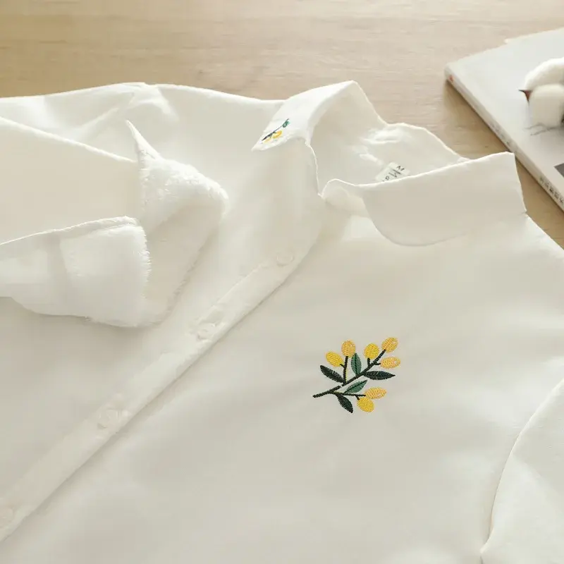 Autumn/Winter New Fleece-Lined Shirt Thickened White Women's Loose-Fit Versatile Artistic Embroidery Flower Inner Lining Warm Co