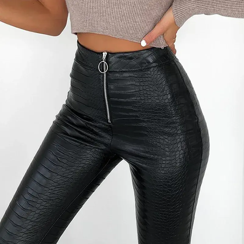 High Waist Slim Fit PU Leather Zipper Leggings Women's Fashion Crocodile Pattern Casual Pants Autumn Winter Trendy Trousers