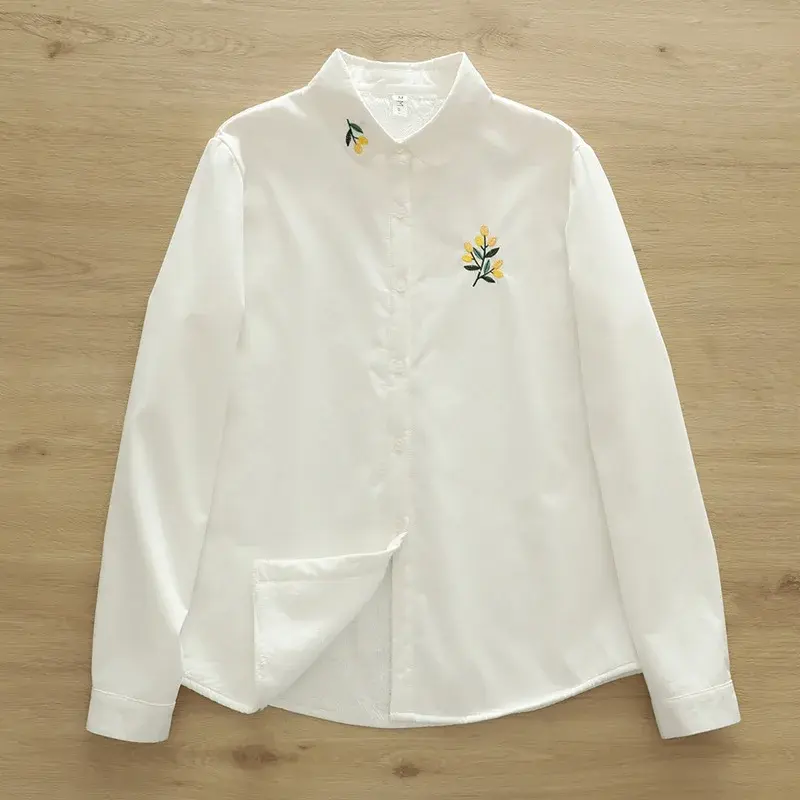 Autumn/Winter New Fleece-Lined Shirt Thickened White Women's Loose-Fit Versatile Artistic Embroidery Flower Inner Lining Warm Co